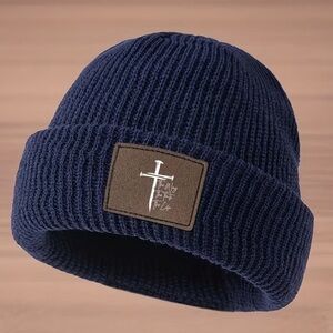 Navy Blue Knit Beanie with Cross Patch